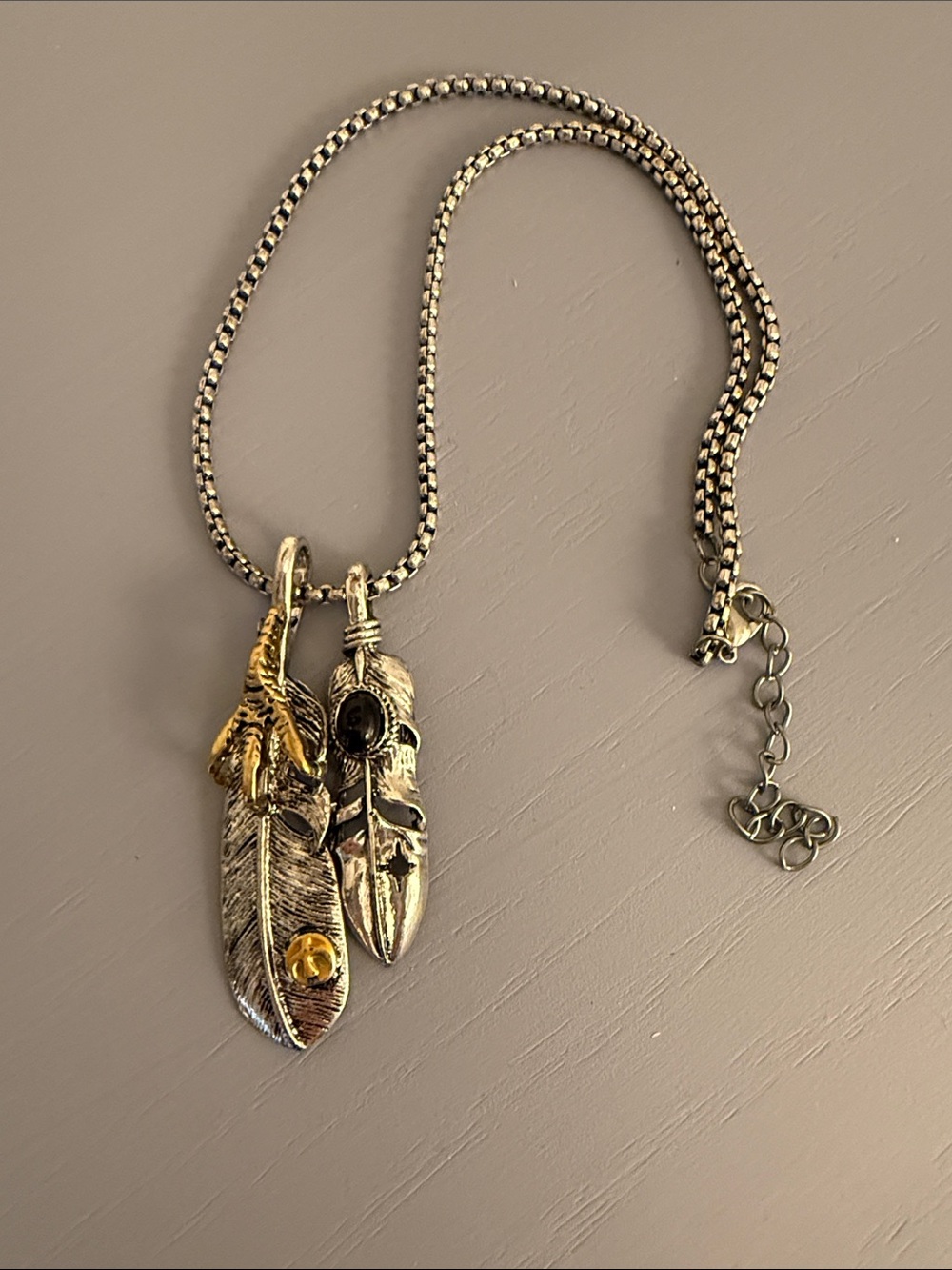Men's Two-Tone Feather & Skull Pendant Necklace - Silver and Gold Accents